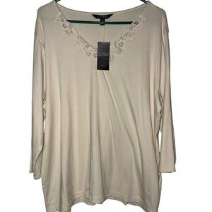 NWT Lauren Ralph Lauren Sulinah Winter Cream 3/4 Sleeve Embroidered Top Size 3X
